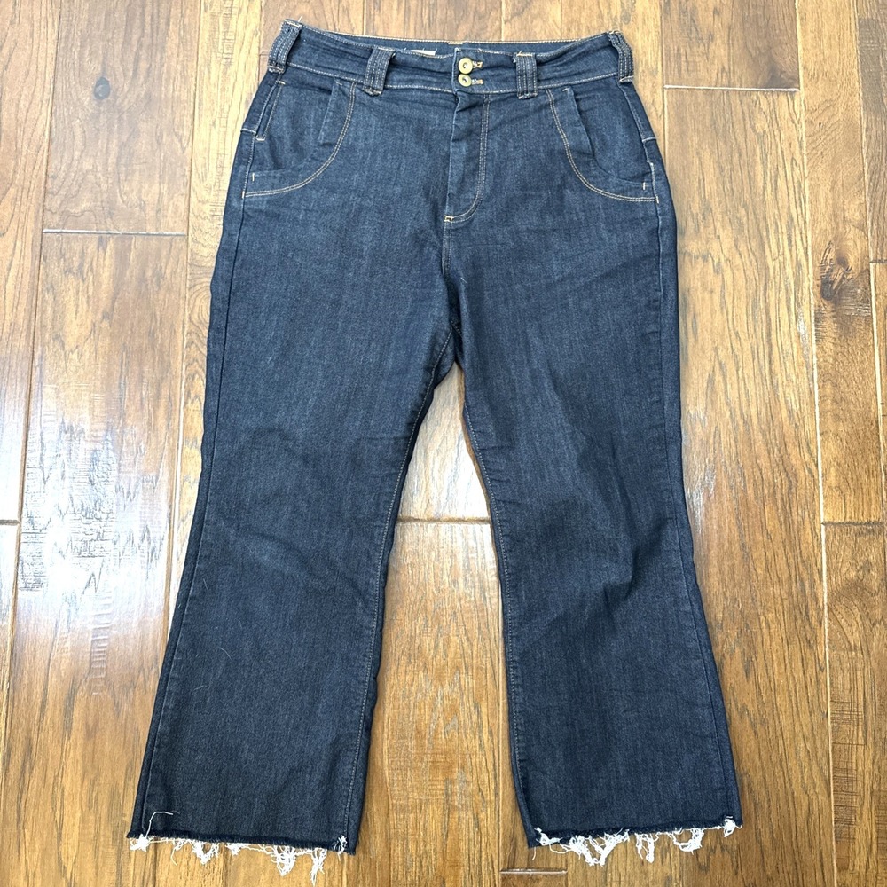 Anthropologie Pilcro Wanderer High Rise Crop Flare Jeans 32 Raw Hem Dark Wash - Picture 1 of 8
